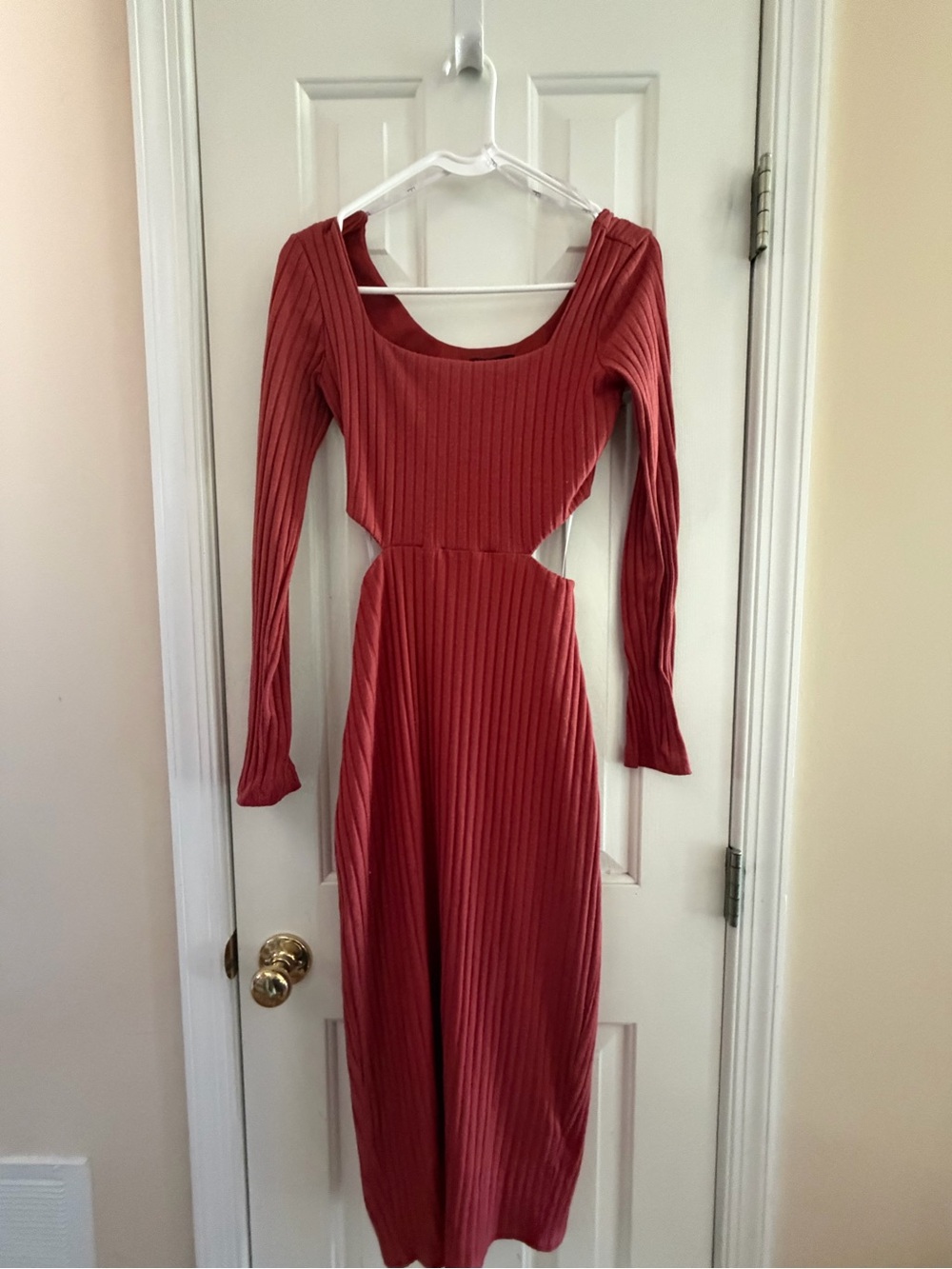 Rust Red Ribbed Long Sleeve Cutout Dress